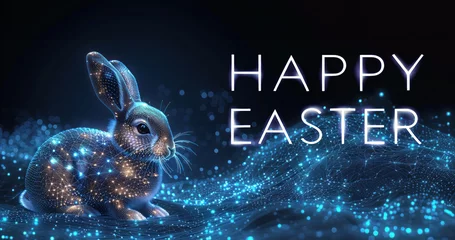 Foto op Canvas Polygonal rabbit illustration. Cute cyber Easter bunny. Futuristic digital Easter card © LiliGraphie