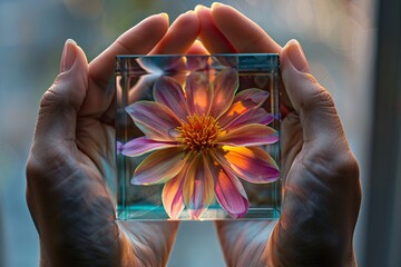 hands holding a square glass with a flower inside