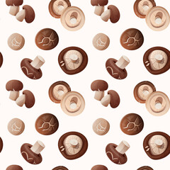 Seamless pattern of shiitake mushrooms.