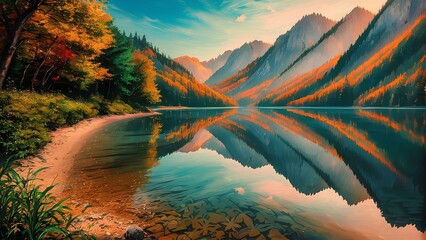 An illustration of a tranquil lake landscape
