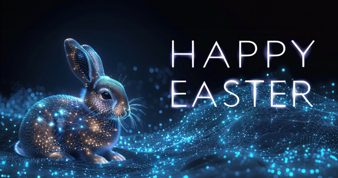 Naklejki Polygonal rabbit illustration. Cute cyber Easter bunny. Futuristic digital Easter card