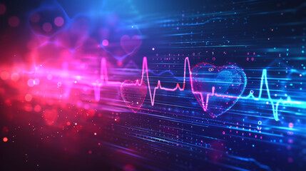 free space on the left corner for title banner with heartbeat rhythm hologram and heart icon - obrazy, fototapety, plakaty