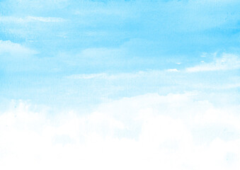 Blue morning sky with clouds. Watercolor illustration, hand drawn background