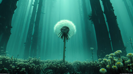 free space on the left corner for title banner with mesmerizing forest where the trees are tall Dandelion Flower Seed Head, unreal forest - obrazy, fototapety, plakaty