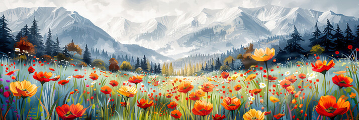 Artistic Field of Flowers, Watercolor Painting of Spring Blossoms, Vibrant Nature and Creativity