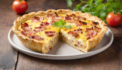Bacon and cheese quiche on a plate with a slice missing. - Powered by Adobe
