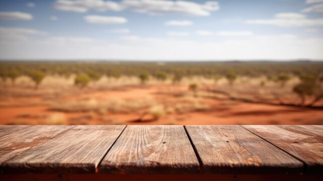 The empty wooden table top with blur background of Australian outback. Exuberant image. generative ai