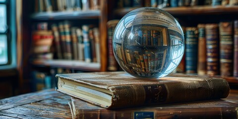 Vintage books reflected in crystal ball on antique wooden table - obrazy, fototapety, plakaty