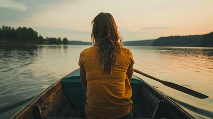 Fototapeta premium Woman on boat exploring mysterious waters at twilight - atmospheric image of solitude and adventure on calm waters