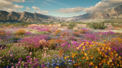 Fototapeta premium Desert Bloom With Colorful Wildflowers and Mountain Range