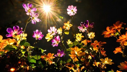 flowers in the light,In this magical moment, time seems to stand still as nature's beauty is revealed in all its splendor. The flowers, bathed in the soft, golden light of the sun, 