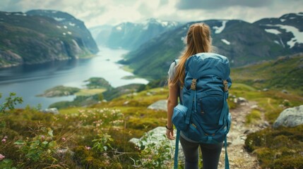Woman adventurer trekking through norwegian mountains with backpack, embracing adventure, healthy lifestyle, and active summer vacation - explore nature's majesty in norway - obrazy, fototapety, plakaty