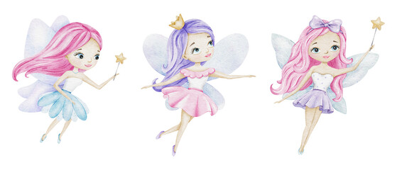 Set of Cute little fairies with a magic wands and light blue wings. Isolated hand drawn watercolor illustration. For kid's goods, clothes, postcards, baby shower and children's room