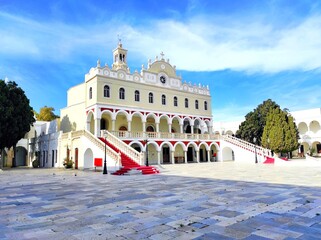 Exterior view of the Holy Church of the Virgin Mary Evangelistria at Tinos island, Greece.