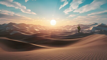 A realistic depiction of a desert landscape, with vast sand dunes
