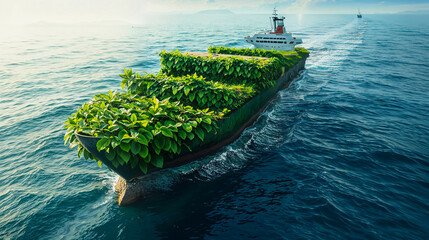 A ship bursting with green plants sails through the ocean, a concept of combining nature with industrial transport