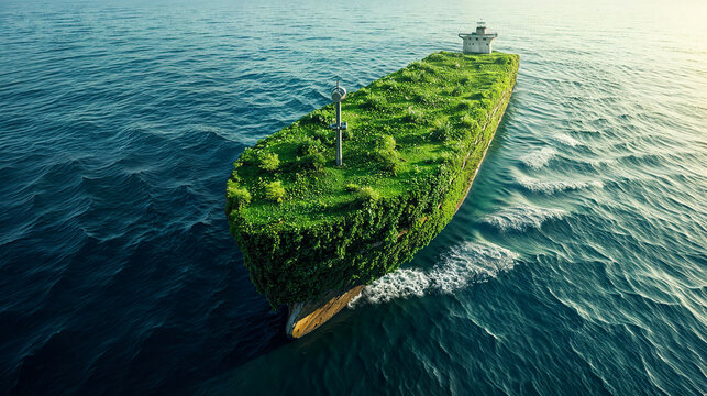 A serene image of a bright green meadow atop a cargo ship, sailing under a clear sky signifies peace and tranquility