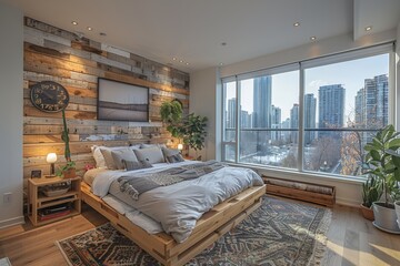 Rustic Urban Retreat: Farmhouse-Inspired Bedroom with Cityscape