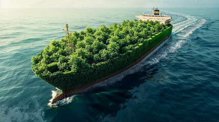 A surreal vision of a green overgrown cargo ship with a cascading waterfall, cruising the blue ocean