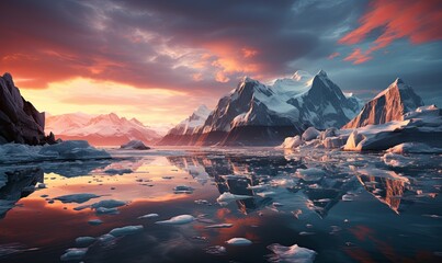 Majestic Mountains and Icebergs With Sunset - obrazy, fototapety, plakaty