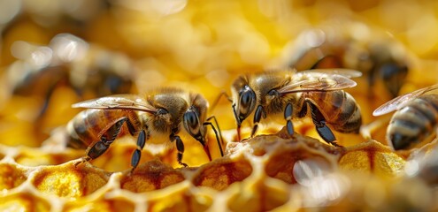 Close up of bees on honeycomb, showcasing pollinator behavior in beehive