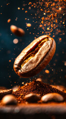 free space on the left corner for title banner with macro photography of a fragmented explosion of a single coffee bean