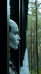 free space on the left corner for title banner with FOREST BACKGROUND minimal robotic head, white face, Glass walls