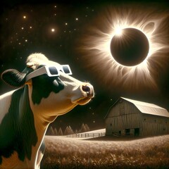 A whimsical depiction of a cow wearing protective sunglasses while watching a total solar eclipse - 768987400