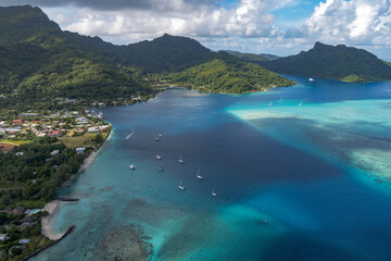 aerial view of huahine lagoon