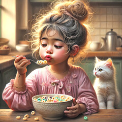 A young girl in pink pajamas is about to eat cereal from a spoon while sitting at a kitchen table
