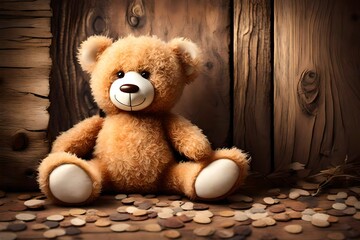 Cute teddy bear with old wood background 