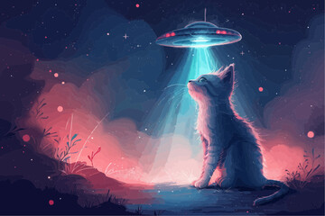 Curious Cat Illustration Observing Space - obrazy, fototapety, plakaty