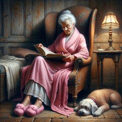 An elderly woman is reading a book while sitting in an upholstered armchair by a table lamp with her sleeping dog