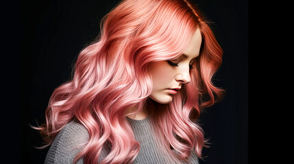 A woman with pink hair is shown with a black background