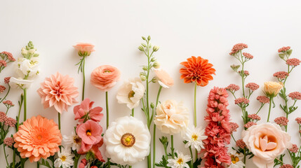 free space for title banner with a border of various flowers arranged in a row, in the style of nature-inspired imagery, detailed botanical illustrations, i can't believe how beautiful this is, white 