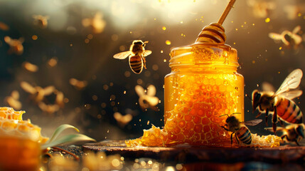 jar with liquid honey, dripping from a wooden spoon, bees flying in nature, honeycombs, sunlight,...