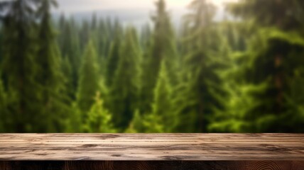 The empty wooden table top with blur background of boreal forest. Exuberant image. generative ai