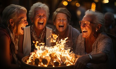 Obraz na płótnie Canvas Women Laughing Around Fire Pit