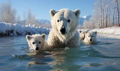 Foto op Aluminium Polar Bear With Two Cubs Swimming © uhdenis
