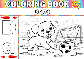 Colouring Book Page Cute baby Dog playing Football illustration