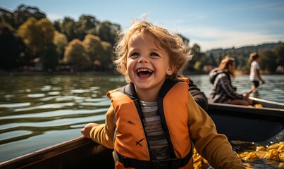 Young Boy Smiling in Boat - obrazy, fototapety, plakaty