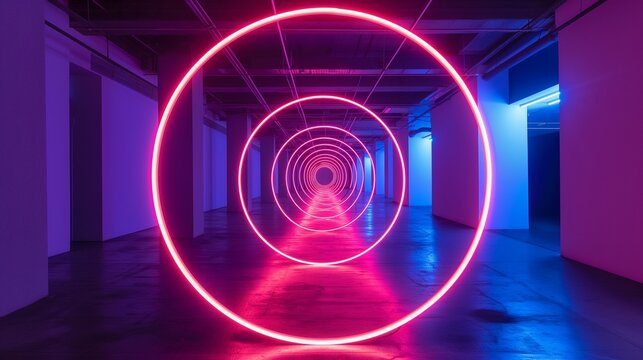 Serene void illuminated by interweaving neon rings, creating a peaceful and contemplative visual symphony.