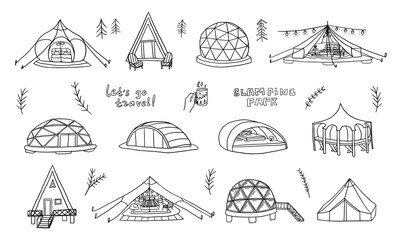 Set of glamour camping in doodle style. Capsule rooms in the mountains, wigwams, glass yurts, bubble rooms. Glamping elements. Luxury Campsites. Travel design. Camping Tents. Hand drawn © Natalia