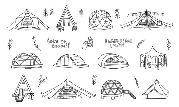 Set of glamour camping in doodle style. Capsule rooms in the mountains, wigwams, glass yurts, bubble rooms. Glamping elements. Luxury Campsites. Travel design. Camping Tents. Hand drawn