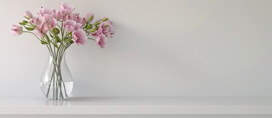 Eustoma flowers in a clear vase on a white shelf.