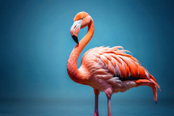 Image of a flamingo on a bright vibrant turquoise background, studio photo, template for an advertising image.