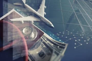Airplane, passport, boarding pass and stethoscope. Passenger air insurance concept.