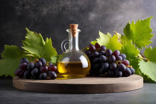 Bright advertising image, banner template. Vintage glass bottle with grape seed oil on a wooden table. Leaves and bunches of grapes, gray background.