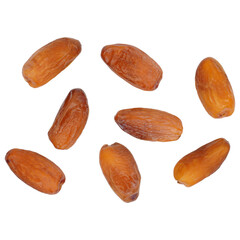 Brown dates spread out over white background isolated transparent