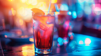 Cocktails on a table with bokeh lights and blur background. Copy space. Tropical beverage. Holidays, celebration, nightclub, bar, celebrate. - 768989407